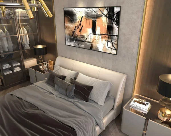 Modern Bedroom Interior Sofa Fireplace — Stockfoto