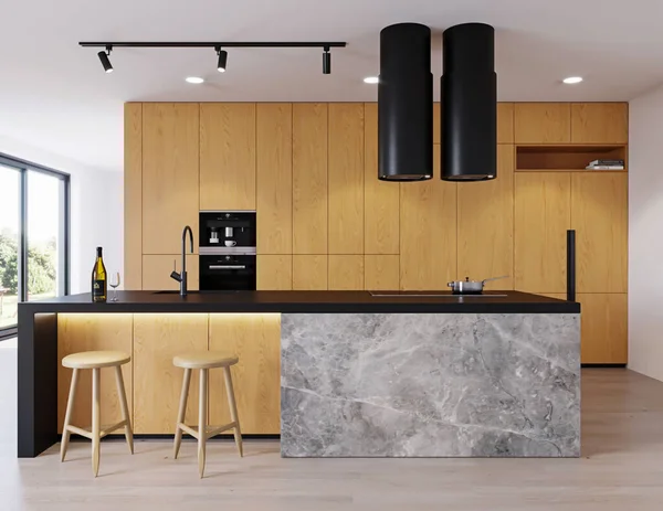 Moderne Keuken Interieur Met Houten Vloer Witte Muren Rendering — Stockfoto