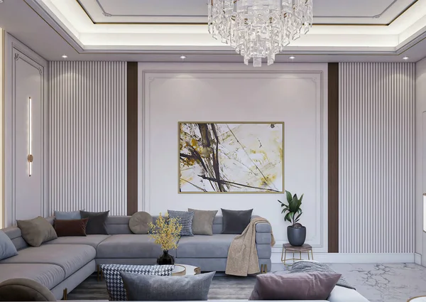 Interieur Eines Modernen Wohnzimmers Mit Sofa Und Kamin — Stockfoto