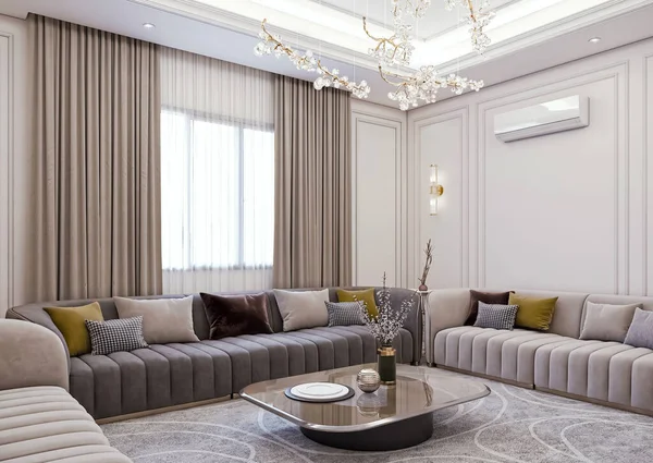 有沙发和壁炉的现代客厅的内部 3D渲染 — 图库照片