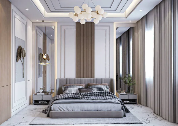 Interior Modern Bedroom Bed White Walls Rendering — Stockfoto