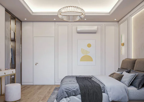 interior of modern bedroom with white walls and wooden floor