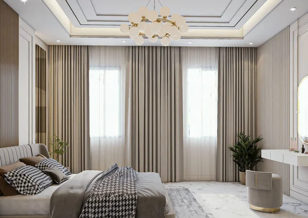 Interior Bedroom Large Window Rendering — 스톡 사진