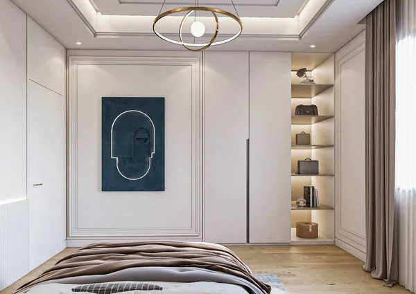 Interieur Eines Modernen Schlafzimmers Mit Weißen Wänden Und Holzboden Darstellung — Stockfoto