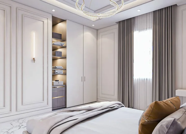 Interieur Van Moderne Slaapkamer Met Witte Muren Houten Vloer Destructie — Stockfoto