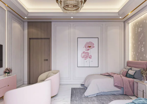 白い壁と木製の床と現代の寝室のインテリア 3Dレンダリング — ストック写真