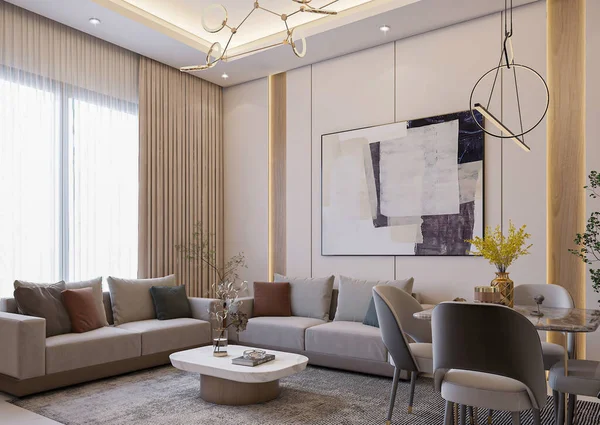 Modern Living Room Interior Sofa Armchair Wooden Floor Rendering — 스톡 사진