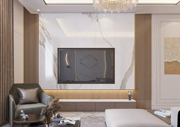 Interior Quarto Moderno Com Paredes Brancas Piso Madeira Renderização — Fotografia de Stock
