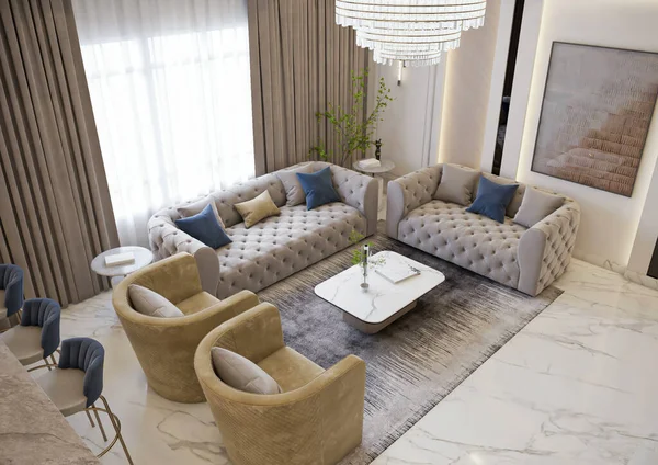 Design Interiores Moderno Sala Estar Casa Sofá Confortável Mesa Móveis — Fotografia de Stock