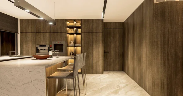 Modern Kitchen Interior Wooden Floor White Walls — Stock Photo, Image