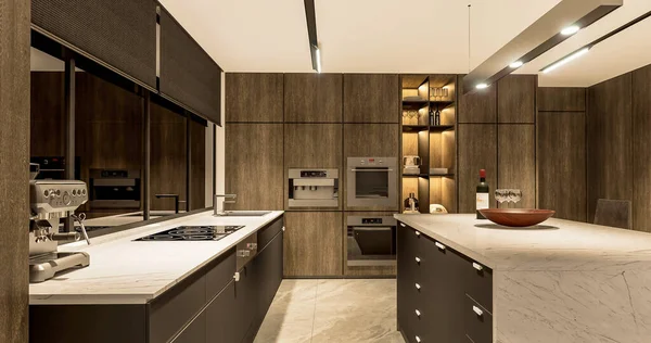 Interior Cozinha Moderna Com Piso Madeira Paredes Brancas — Fotografia de Stock
