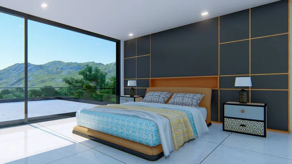 modern bedroom interior with comfortable bed and table