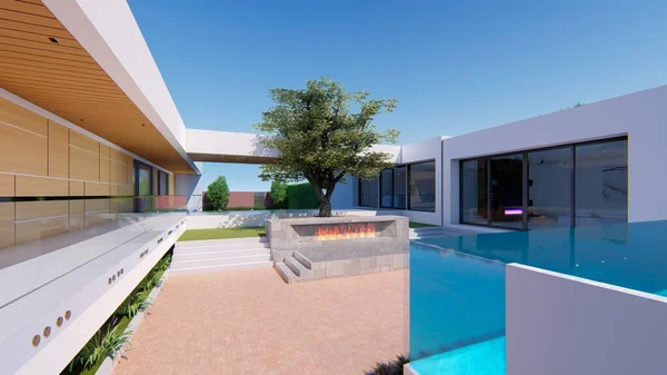 Modernes Haus Mit Pool Und Holzboden — Stockfoto