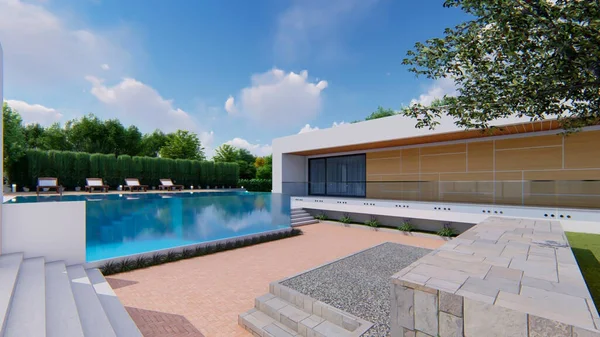 luxury swimming pool with water and wooden floor