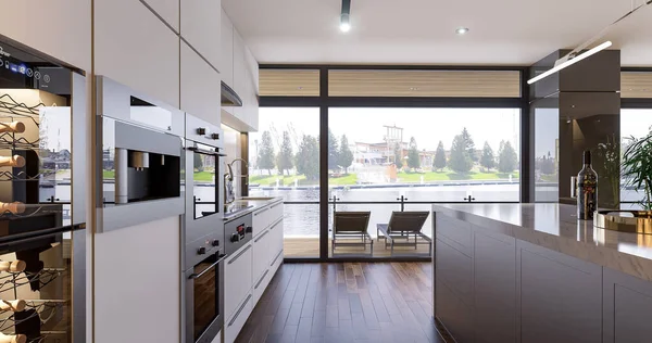 木製の床と白い壁とモダンなキッチン 3Dレンダリング — ストック写真