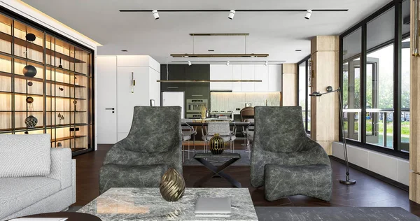 3D提供一个配备家具的现代客厅 — 图库照片