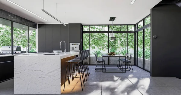 Modern Kitchen Wooden Floor Chairs Rendering — Stockfoto