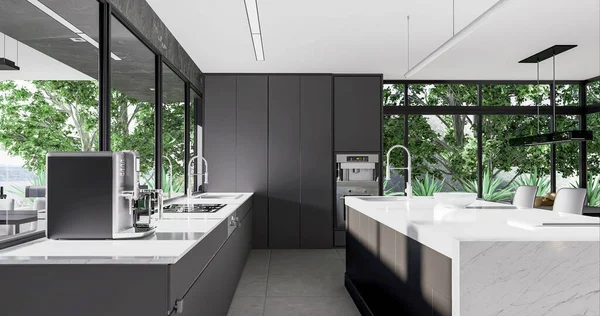 白と黒の壁とモダンなキッチンインテリア 3Dレンダリング — ストック写真