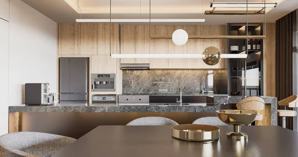 Interior Cozinha Moderna Com Paredes Brancas Pretas Renderização — Fotografia de Stock