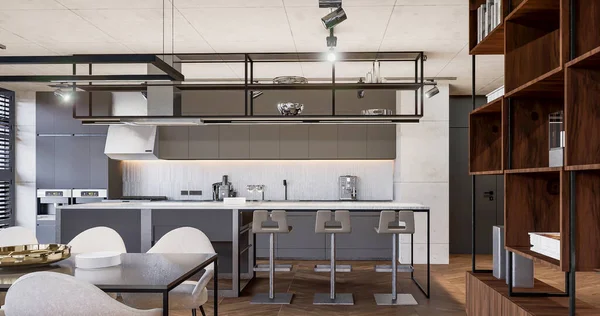 Modern Kitchen Interior Wooden Floor White Black Walls Rendering — Stok fotoğraf