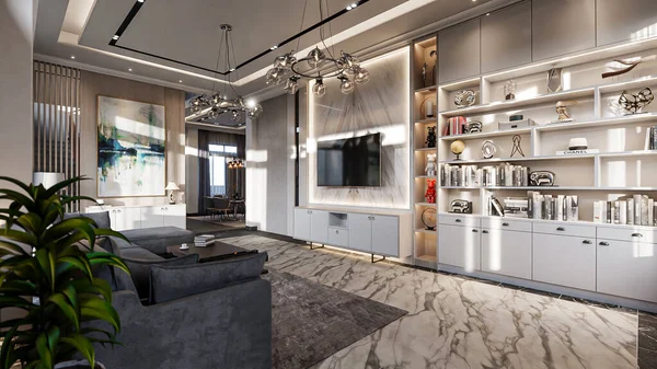Rendering Modern Luxury Living Room Kitchen Dining Set Interior Design — Stockfoto