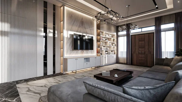 Rendering Modern Luxury Living Room Kitchen Dining Set Interior Design — Stockfoto