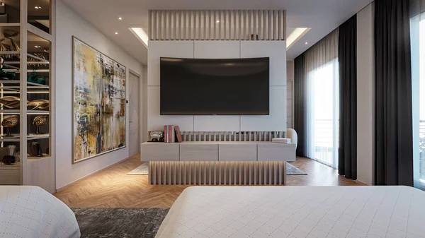Rendering Modern Luxury Master Bedroom Contemporary Style Interior Design —  Fotos de Stock