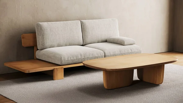 Render Living Room Set Sofa Wooden Table Interior Design — Stok Foto