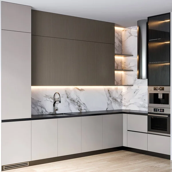 Rendering Modern Luxury Kitchen Furniture Interior Design — Stok fotoğraf