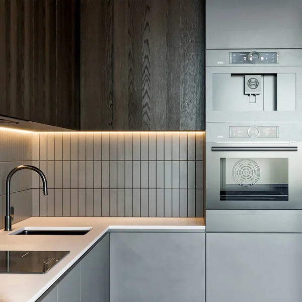 Rendering Modern Minimalist Kitchen Set Furniture Interior Design — Stock Photo, Image