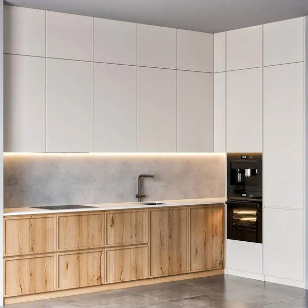 Rendering Modern Minimalist Kitchen Set Furniture Interior Design — Stok fotoğraf