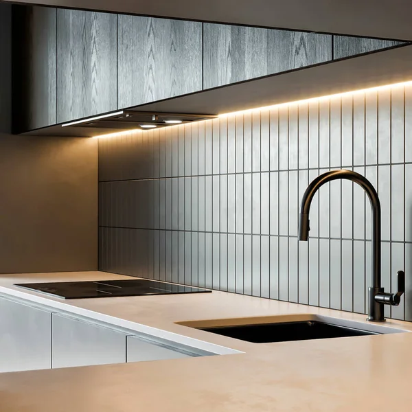 3d rendering modern minimalist kitchen set furniture interior design
