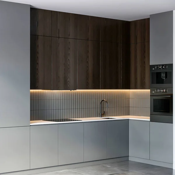Rendering Modern Minimalist Kitchen Set Furniture Interior Design — 스톡 사진