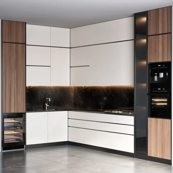 Rendering Modern Minimalist Kitchen Set Furniture Interior Design — 스톡 사진