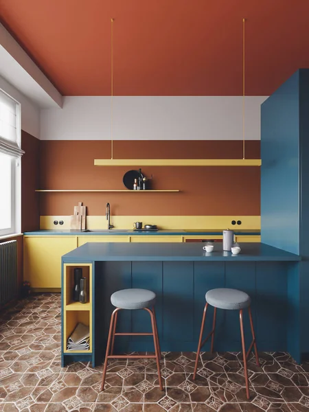 3d render colorful Nordic kitchen interior