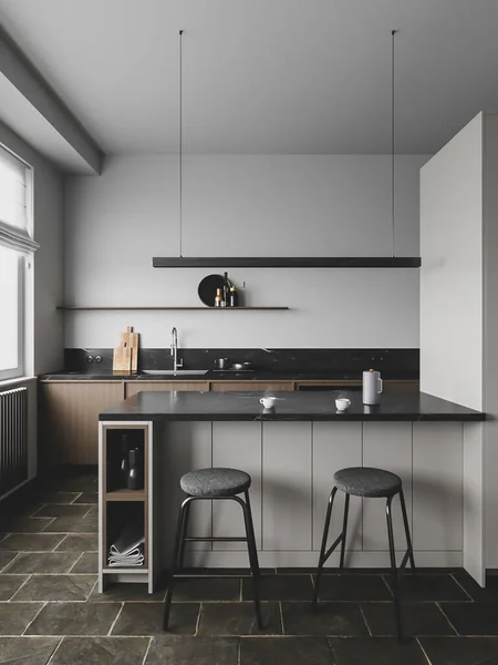 Render Dark Nordic Kitchen Interior Design — Φωτογραφία Αρχείου