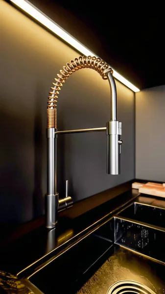 Render Modern Luxury Black Kitchen Interior Scene — Stock Photo, Image
