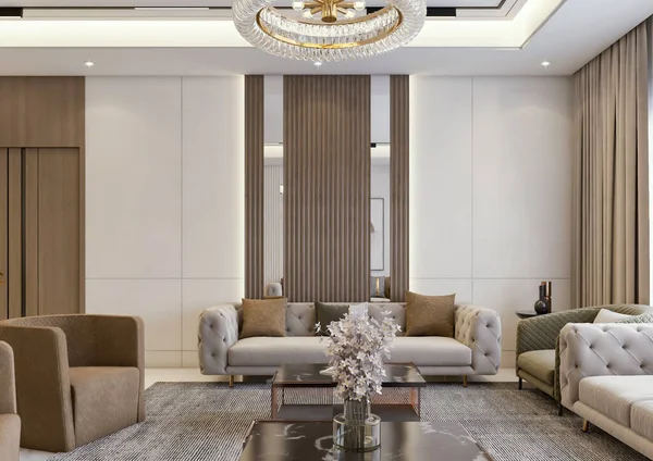 Vykreslování Luxus Neoklasicistní Obývací Pokoj Vnitřní Scéna — Stock fotografie