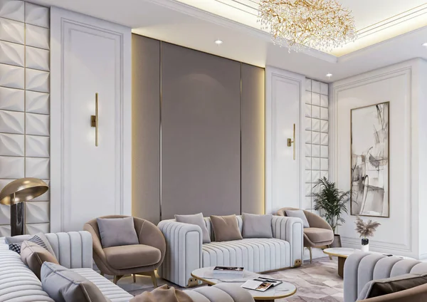 Vykreslování Luxus Neoklasicistní Obývací Pokoj Vnitřní Scéna — Stock fotografie