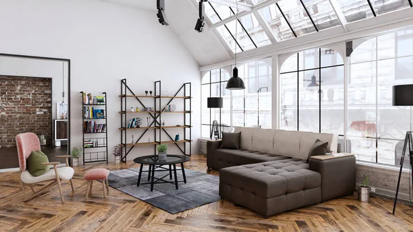 Renderizado Loft Interior Con Sofá Mesa — Foto de Stock
