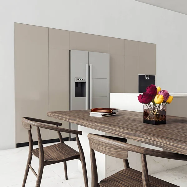 Rendering Moderne Keuken Met Houten Kast Decoratie Interieur — Stockfoto