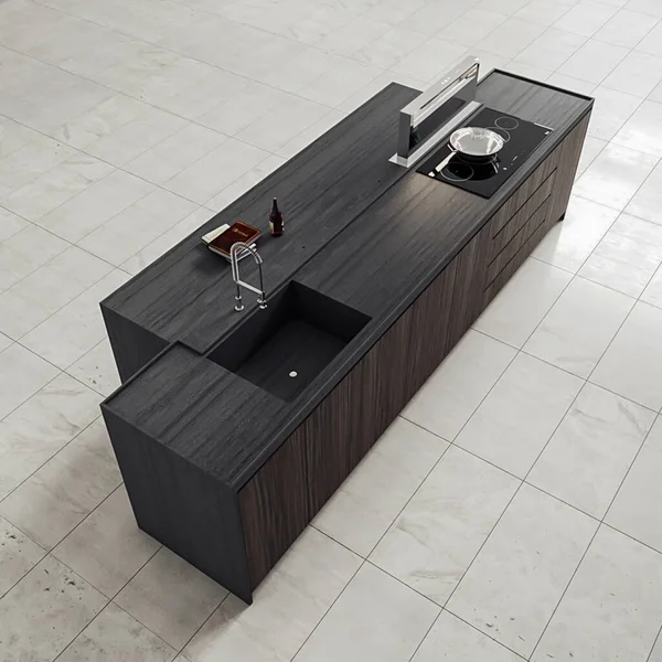 三维渲染现代厨房与木制橱柜装饰内部 — 图库照片
