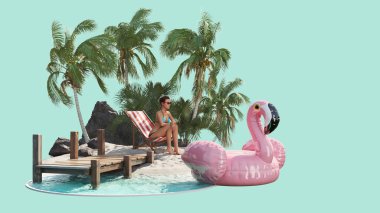 3B görüntü adası plaj palmiyeleri ve kızlar