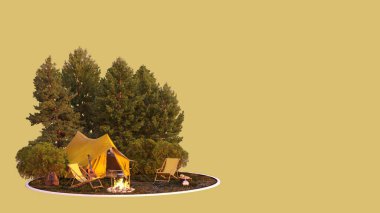 3D picture  camping, campfire tent in the forest
