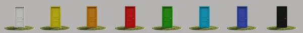 3d rendering panorama of closed doors in rainbow colors on the grass