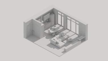  3d rendering isometric living room interior open view, kitchen white