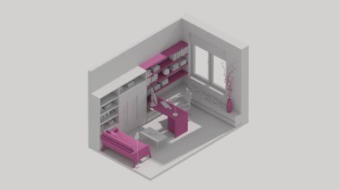 3d rendering isometric office room interior open view, cabinet, office room purple