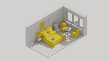 3d rendering isometric bed room interior open view