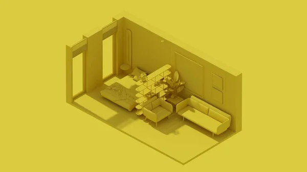 Rendering Isometric Living Room Interior Open View Bedroom Yellow — ストック写真