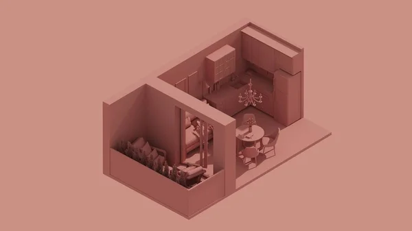 Візуалізація Ізометричного Інтер Єру Кухонної Кімнати Відкритий Вид Балкон Червоний — стокове фото